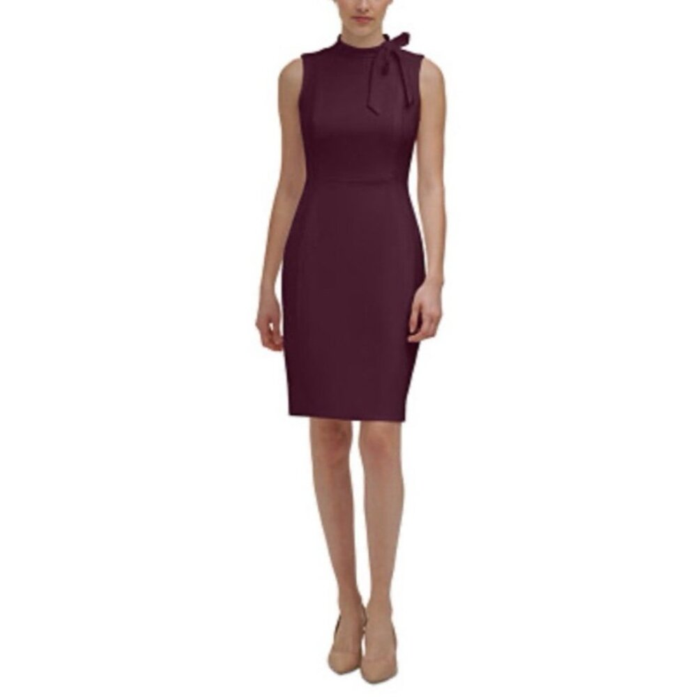 Calvin Klein Dress 10 Purple Plum Bow Neck Scuba Stretch Sheath Sleeveless